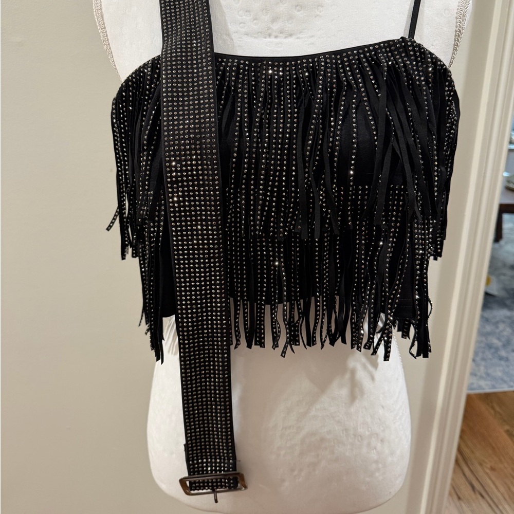 Black Fringe Studded Crop Top - Women